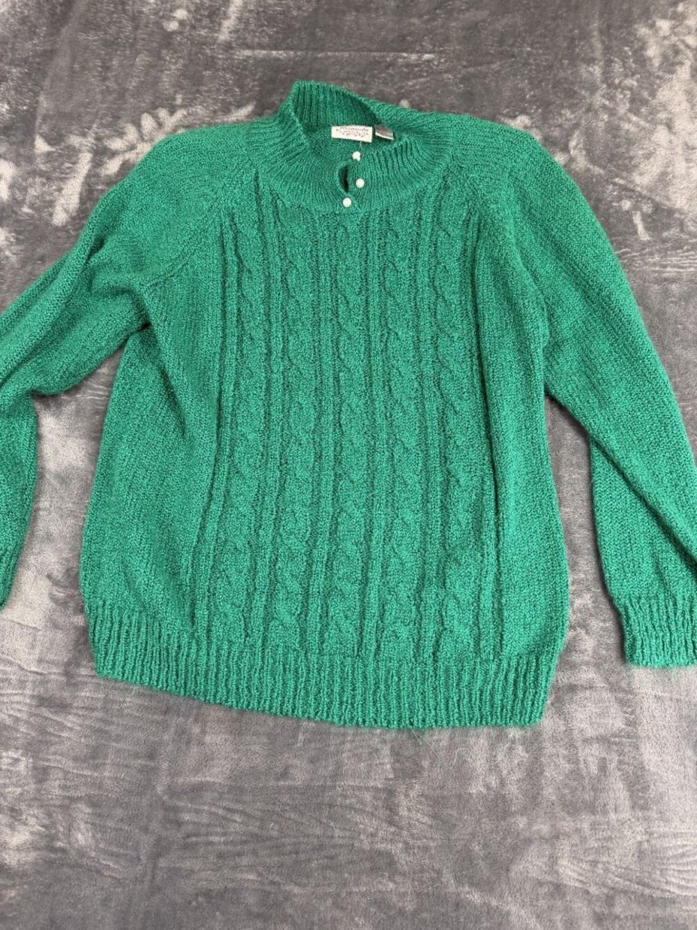 Vintage Miranda Womens Green Cable Knit Pearl Button Mock Neck Sweater Size L